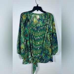 Fig and Flower Multicolor Peacock Button Up Blouse EXC